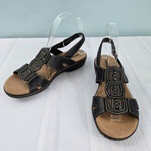 Clark's Women's Black Leather with Gold Studding Ankle Strap Sandals - Size 7M
